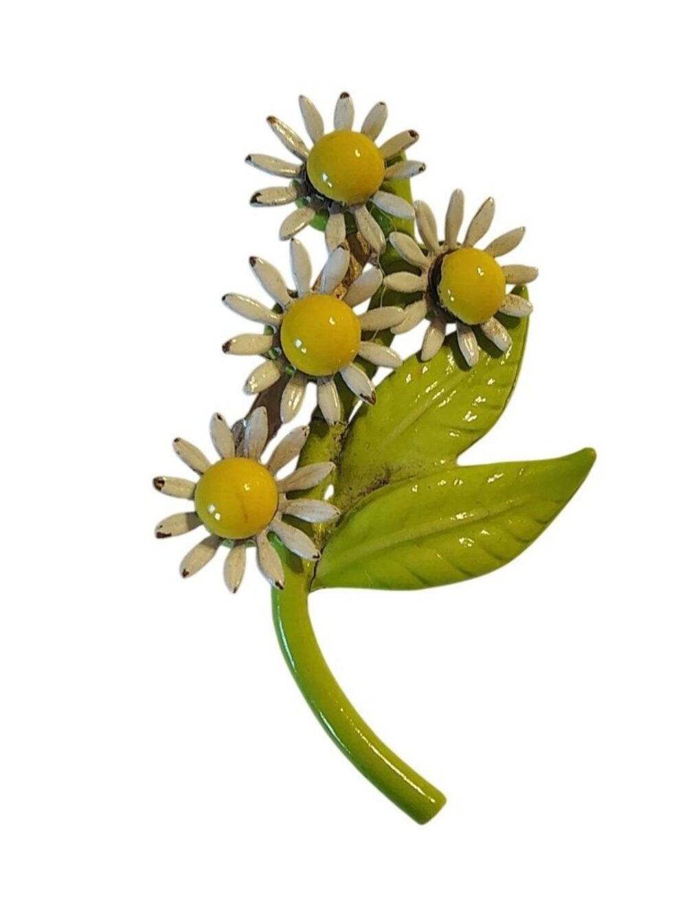 Vintage Enameled Daisy Brooch Pin, Yellow Green White Multi Flower, Boho MCM